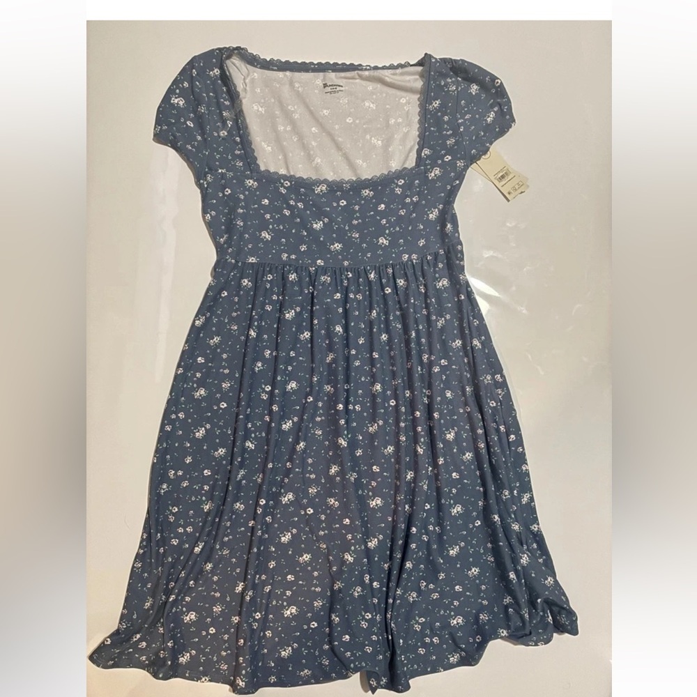 Dusty Navy Blue Floral Babydoll Dress Lace Trim Cottage Whimsical Romantic Women